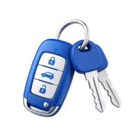 Blue car key fob with three lock buttons and a metal key ring.