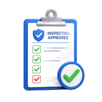 Clipboard with a checklist and a large green checkmark indicating inspection approved.