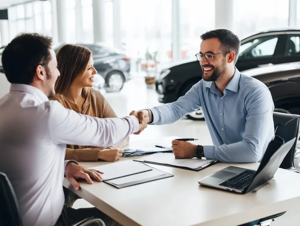 Three colleagues in a car showroom shake hands across a table with documents and a laptop, celebrating a deal.