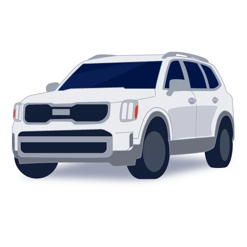 Cartoon-style illustration of a white SUV seen from the front-left, with dark windows and large tires
