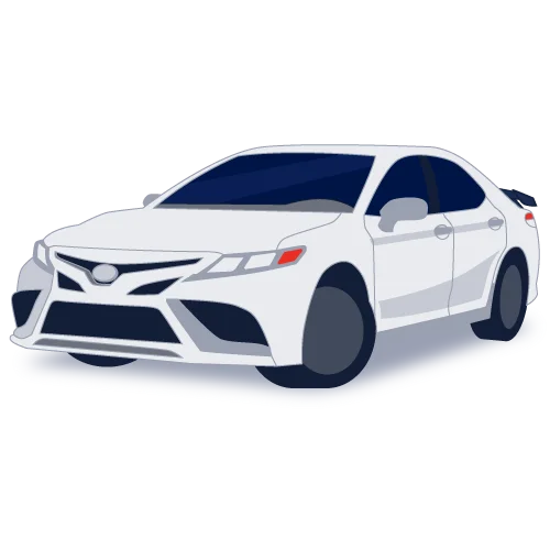 White sedan illustration seen from front-left, stylized with dark blue windows and gray shadows.