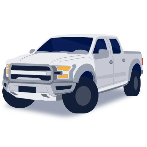 White pickup truck illustrated from the front-left side on a curved shadowed surface.