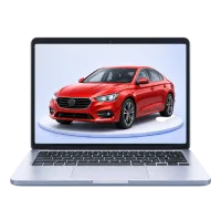 Laptop displaying a red car on its screen, as if showcased online or in a demo.
