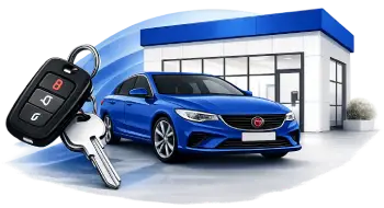 Blue sedan in front of a modern car dealership, with a car key fob in the foreground.