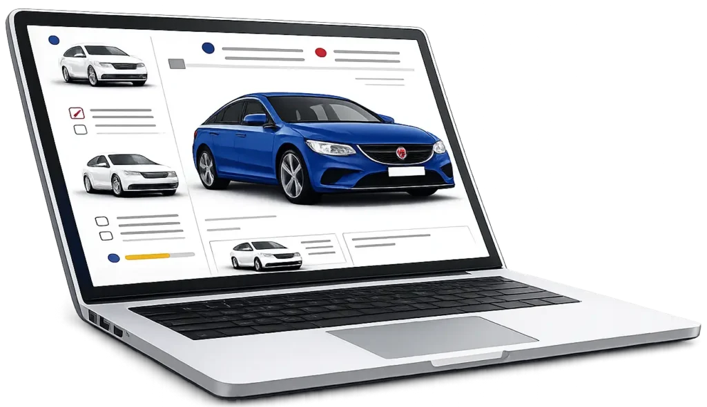 Laptop displaying an online car shopping interface with a prominent blue sedan and smaller car thumbnails on a white layout