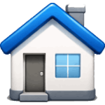 White house icon with a blue roof, front door, and blue window panes on a gray base image