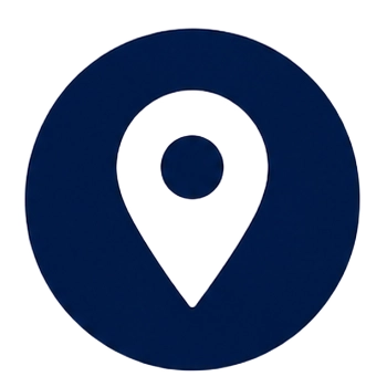 Blue circular location pin icon in white/blue contrast, indicating a place or location