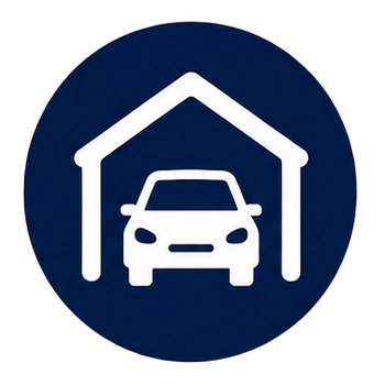 Blue circular icon of a car under a simple white garage roof, representing covered parking or a carport.