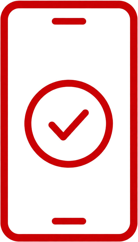 Red-outlined smartphone icon with a centered circular checkmark, symbolizing verification or approval on mobile.