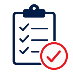 Clipboard with a three-item checklist showing all items checked, plus an approval badge indicating completion.