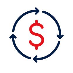 Red dollar sign at the center surrounded by blue circular arrows, conveying cash flow or a financial cycle.