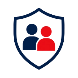 Shield icon with two people silhouettes (blue and red) representing protection of people or user security in a service.