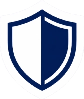 Blue and white shield logo, split vertically, with dark navy outline