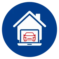 Blue circular icon showing a white house outline with a garage and a car inside on blue background.