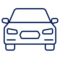 Front view of a blue car icon with side mirrors, simplified outline style.