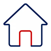 Home icon: white house with blue outline and red doorway