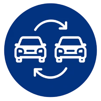 Blue circular icon with two cars and curved arrows between them, indicating car sharing or vehicle exchange.