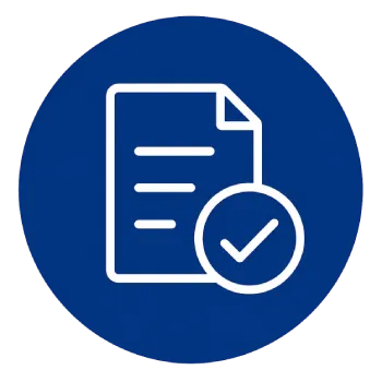 Blue circular badge showing a white document icon with a checkmark, indicating an approved/verified document.