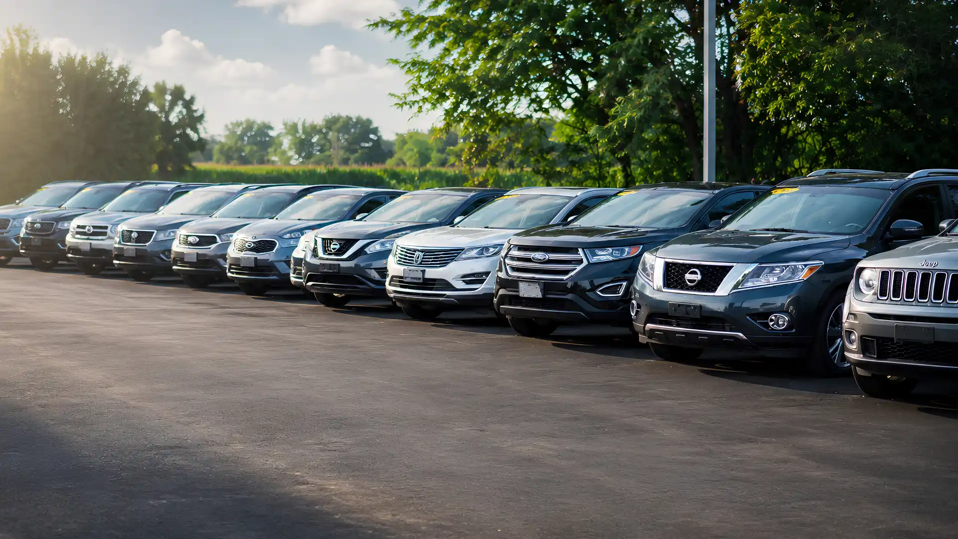Row of new SUVs parked in a dealership lot on a sunny day, diagonally aligned along the pavement.