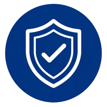 Blue circular badge featuring a white shield and check mark, symbolizing security and verification.