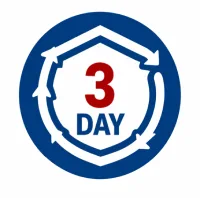 Blue circular badge featuring a shield outline and the text '3 DAY' (red 3, blue DAY) in the center, indicating a 3-day duration or event.