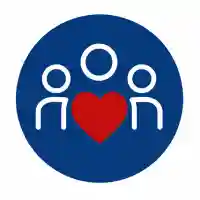 Three outline figures with a red heart in the center on a blue circular background, symbolizing care and community.
