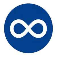 Blue circular logo with a white infinity symbol in the center, on a dark blue background.